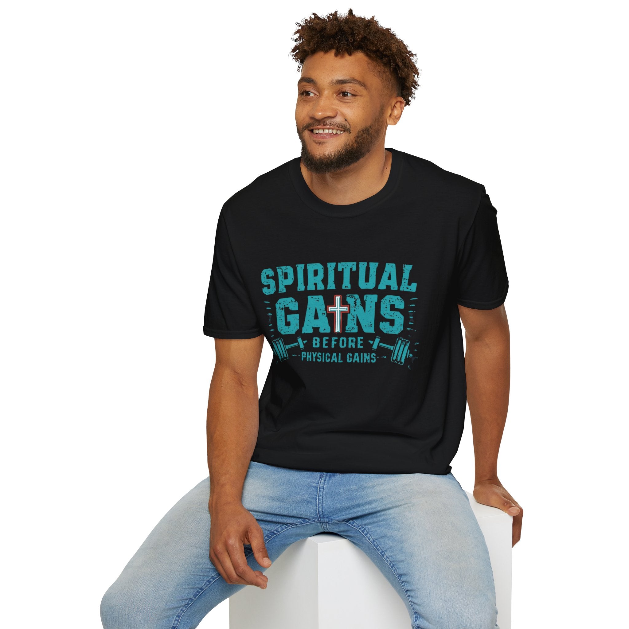 Spiritual Gains Before Physical Gains T-Shirt — Christian Faith & Fitness Tee